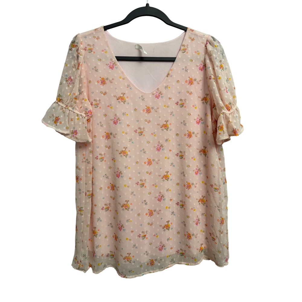 Reborn J Women Pink Floral Swiss Dot V-Neck Ruffle Sleeve Blouse Small Lined